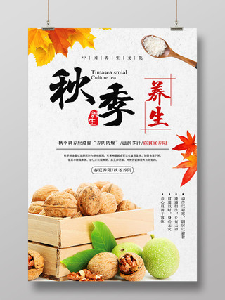 简约手绘枫叶坚果核桃秋季养生文化宣传海报